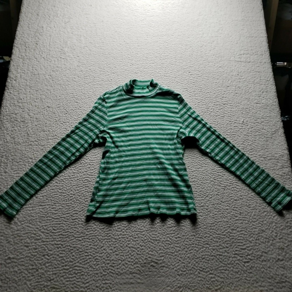 PINK Victoria's Secret Shirt Womens 2XL Green Stripe Mock Neck Long Sleeve Top